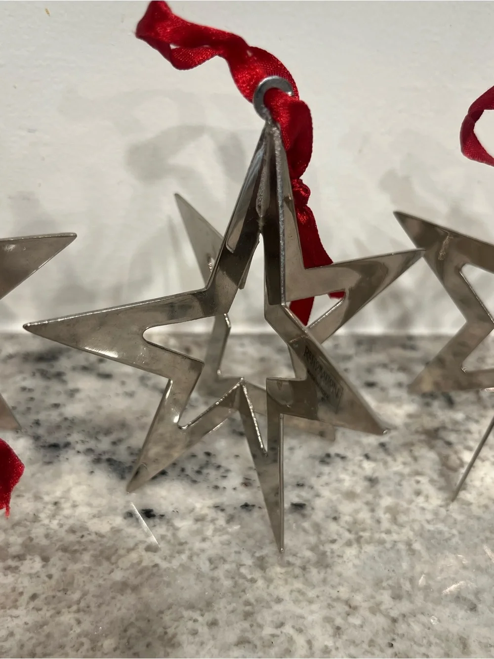 3 restoration hardware 3d Metal Star Holiday Ornament with Red Ribbon RARE